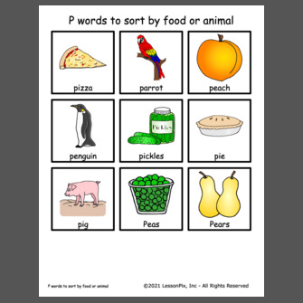 P words to sort by food or animal